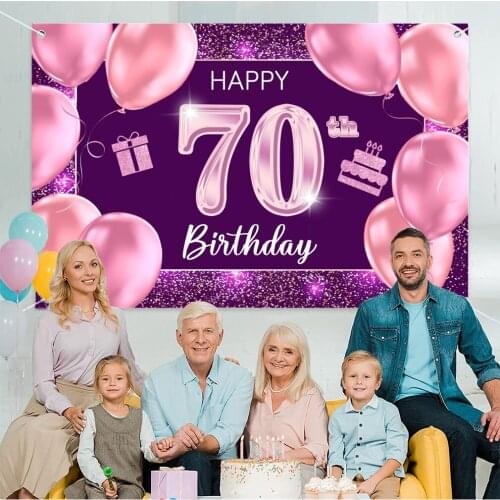 Happy 70th Birthday Backdrop for Women Happy 70 Years Old Birthday Party Background Shining Glitter Purple Party Banner Photo