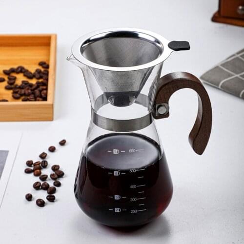 Pour Over Coffee Maker Carafe w/ Filter Funnel Portable Teapot Wooden Handle