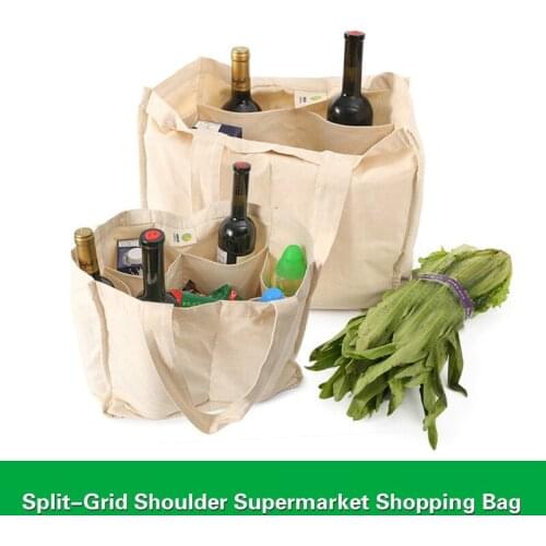 Cotton divided grid supermarket shopping bag canvas bag fruit and vegetable cotton bag portable canvas bag space saver organizer