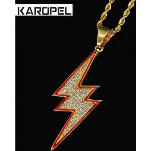 Iced Out Micro Pave Cubic Zirconia Thunder Bolt Pendant 24" Stainless Steel Rope Chain Hip Hop Necklace