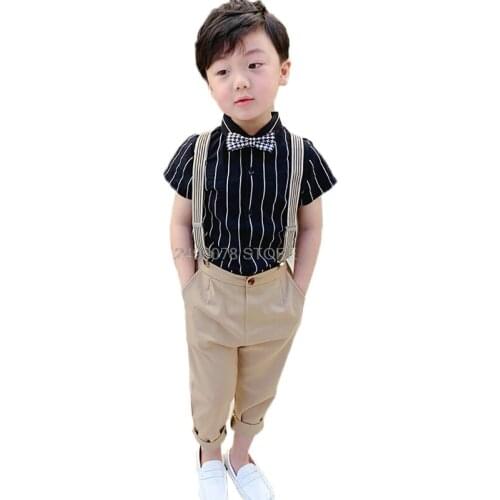 Boys School Uniform Kids Formal Strap Shirt +Pants Clothing Set Children Birthday Dress Girls Performance Wedding Party Costume