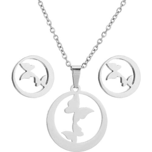 Two Butterfly Jewelry Set Stainless Steel Round Necklace Earrings Set Wholesale