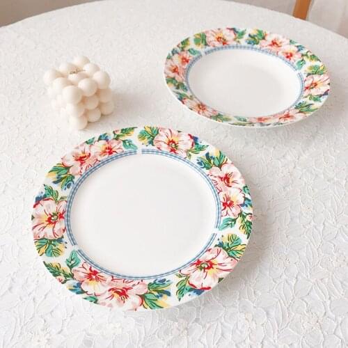 Korean Ins Bloggers with Hand-painted Flower Plate Light Luxury Dessert Plate Retro Soup Plate Flat Dish Food Photo