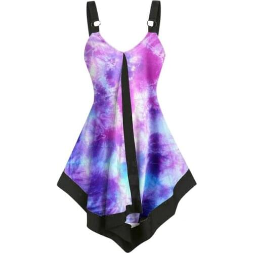 Summer Vest Top Women Fashion Tie Dye Print Sling Female Camisole Sexy V Neck Irregular Hem Office Lady Tanks Top