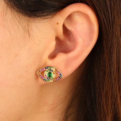 Mini girl style gold rose gold rainbow red cz paved turkish evil eye stud gorgeous charming stud earring for women
