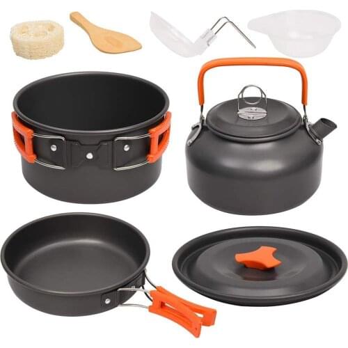 Camping Cookware Kit Outdoor Aluminum Cooking Set Water Kettle Pan Pot Travelling Hiking Picnic BBQ Tableware Equipment