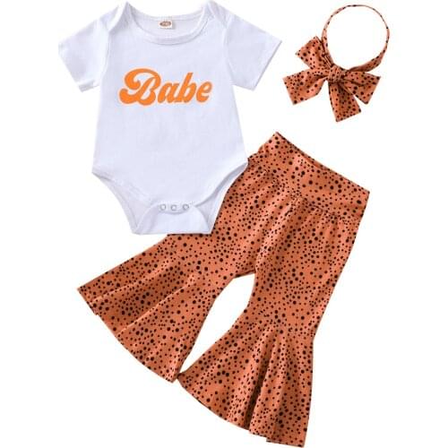 New Baby Girls Clothes Set, Short Sleeve O-neck Romper+Flared Long Pants+Bow-knot Headband