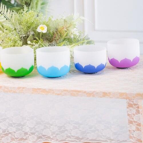 One set of 7pcs 6"-12" Frosted Quartz Crystal Singing Bowl with Lotus Chakra design