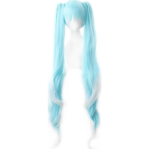 Vocaloid Snow Cosplay Wig Gradient Blue 120cm Long Wavy Synthetic Hair With Chip Ponytails + Wig Cap
