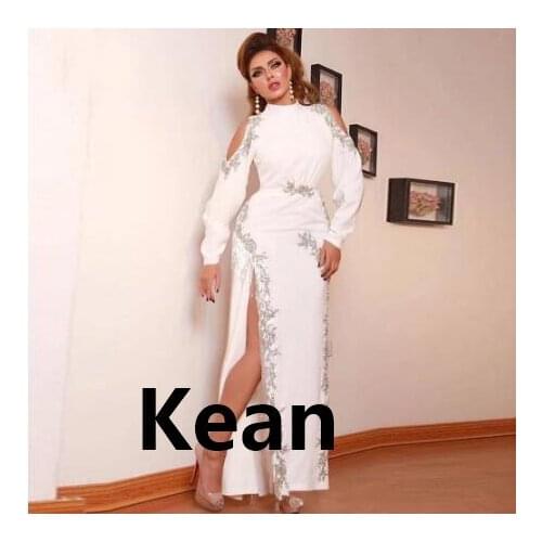 Puff Sleeves White Satin High Slit Evening Dress Silver Beaded Dubai Arabic Saudi Arabian Boho Prom Dress Custom Made Plus