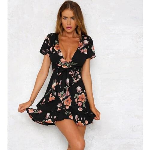 Summer Elegant Womens Bohemian Style V-neck Short-Sleeved Flower Print A-Line Dress High Waist Straps Ruffled Dress