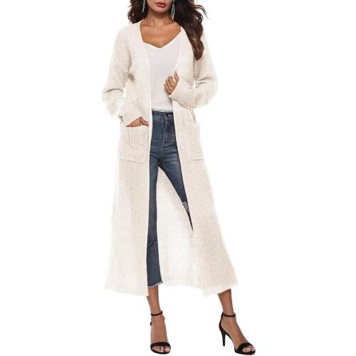 Simple Women Autumn Pockets Woolen Yarn Knitted Hollow out Long Coat Cardigan Ladies wear a long cardigan Spring and autumn