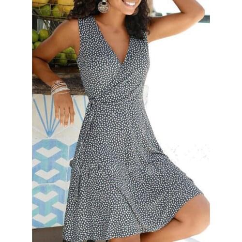 Print Sleeveless A-line Knee Length Casual Vacation Dresses for Women V-shape Collar A66