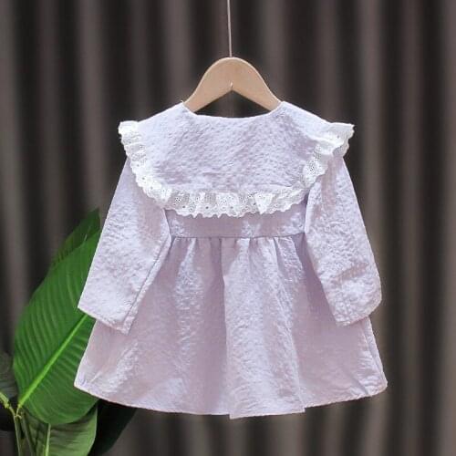 Summer Autumn Kid Girls Lace Doll Collar Princess Dresses Solid Color Cotton Long Sleeve Frocks Cute Children Costume