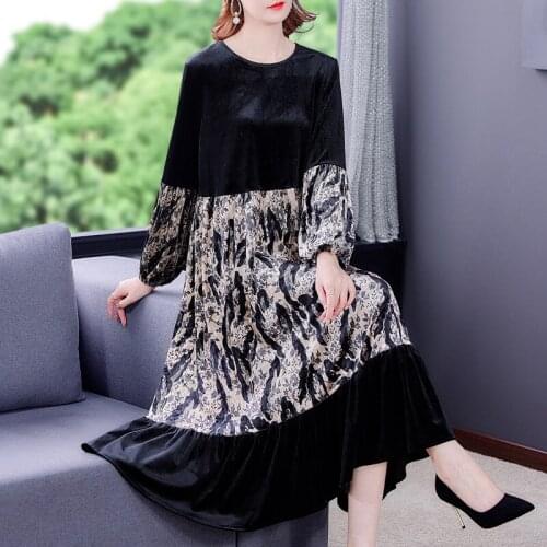 Large Size Silk Gold Velvet Dress New 2021 Autumn Winter Fashion Retro Loose Printed Korean Patchwork Dress Women Clothes M677