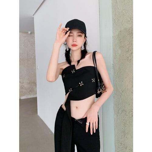 High Street Solid Black Removable Nail Buckle Vest Women Summer Design Chic Punk Hot Girls Slim Short Bottoms Wipe Tube Crop Top