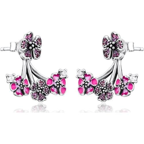 Spring Pink Peach Blossom Flowers Earrings Sterling Silver Jewelry Woman DIY Fashion Jewelry Party Earrings