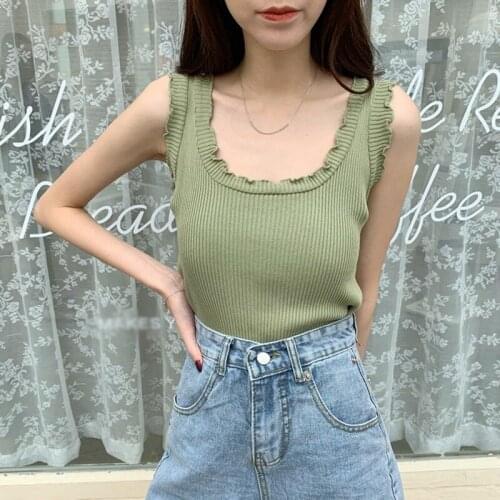 Woemn Ruffle Knitted Sleeveless Tops Breathable Camis Casual Short Slim Summer Tank Tops