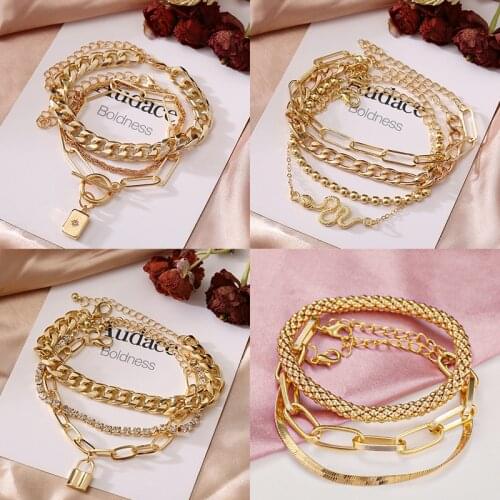 Punk Thicken Cuban Chain Bracelets Set For Women Vintage Snake Chain Gold Color Multi Layered Bracelets Set Punk Jewelry
