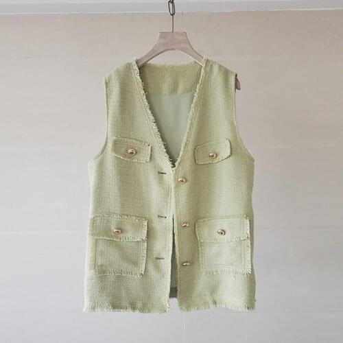 Casual Fashion Pockets V-neck Vest Jacket 2021 New Autumn Women Single-breasted Tweed Sleeveless Woolen Cardigan Top