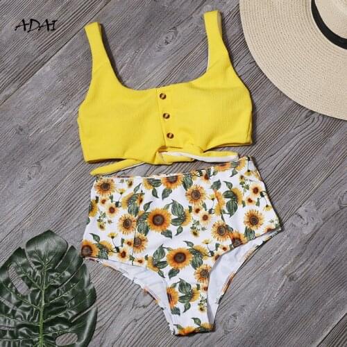 4 Colors High Waist Bikini Set Swimsuit Women 2 Pieces Retro Print Sexy Bow-knot Underwire Button Swimwear Beach Bathing Suits