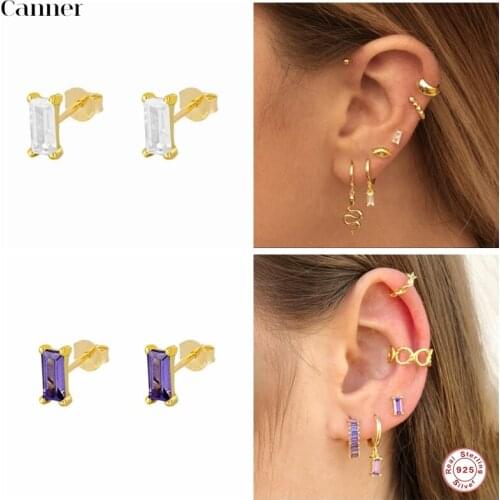 Canner 100% 925 Sterling Silver Stud Earrings for Women Colorful Rainbow Crystal Earrings Pyramid Korean Piercing Pendientes W5