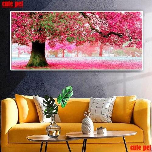 Large round square embroidery Diy full sets diamond painting Pink tree landscape Cross Stitch mosaic pictures rhinestones Decor