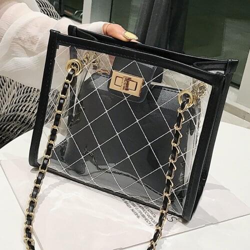 Large Clear Totes Women Clutch Purses New PVC Stripe Shoulder Messenger Bag Metal Lock Handbags Fashion Transparent Jelly Bag