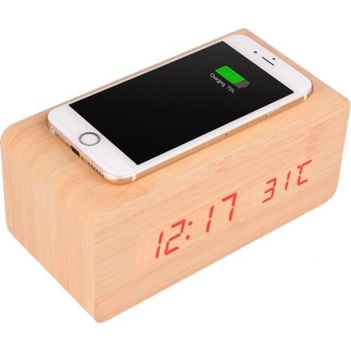 Wooden Modern Alarm Clock Digital Mobile Phone Wireless Charging Alarm Clock With Qi Wireless Charging Pad Alarm Clock Bedroom