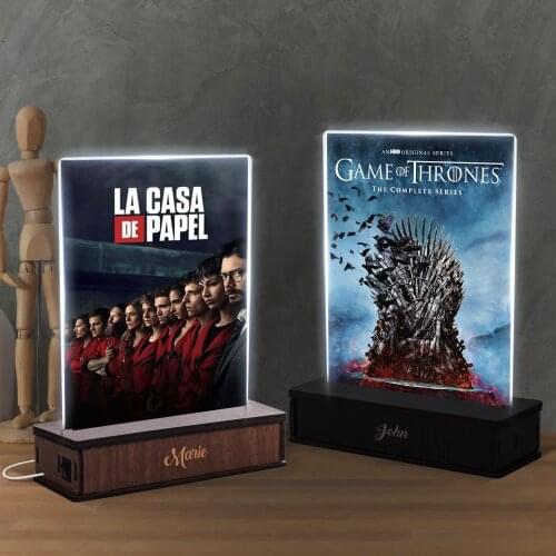 Custom TV Series Board with Wood Base - Custom TV Series Plaque with LED Light Wooden Stand - Submit Your Favorite TV Series