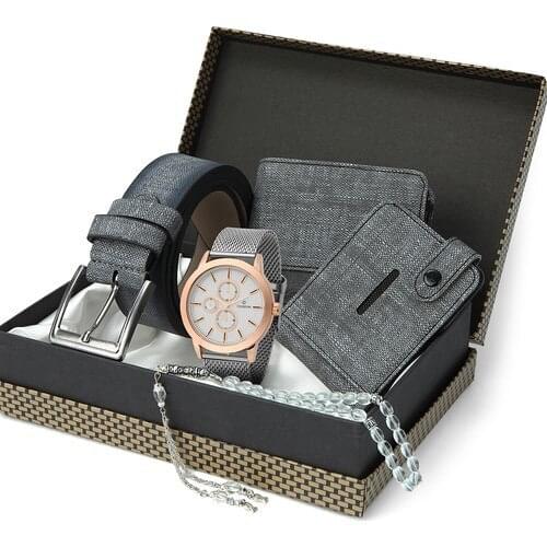 Forentina Male Gray Belt Wallet Business Card Rosary Clock Set Ps0786