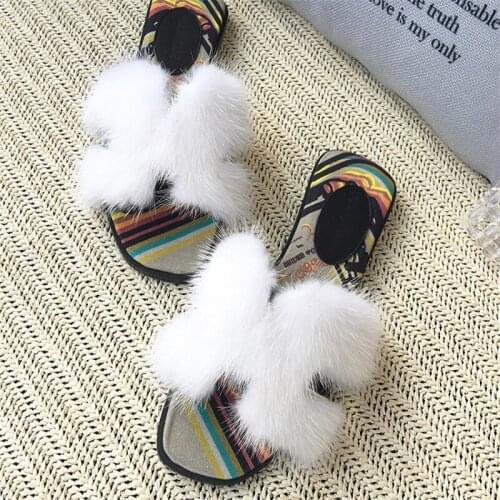 Summer Womens House Slippers Mink Fur Slippers Womens Slippers Flat-Bottomed Womens Slippers Comfortable Home Furry Slippers