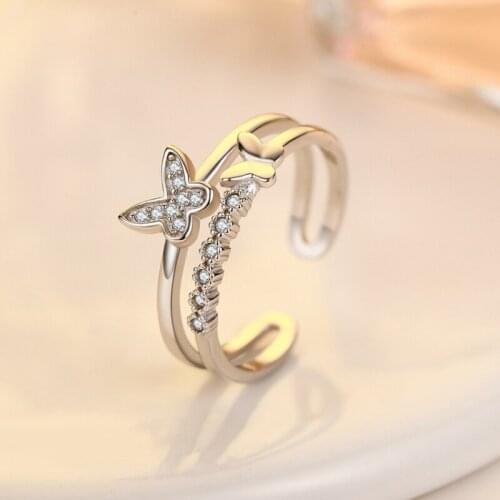 Cute Female White Zircon Open Ring Real 100% 925 Sterling Silver Wedding Rings For Women Charm Crystal Butterfly Engagement Ring