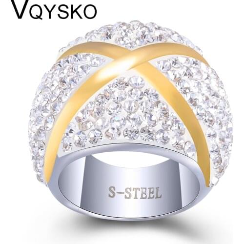 Fashion Stainless Steel Ring With Gold Color X Bling Crystal Jewelry Women&Men Gift Finger Rings For Party