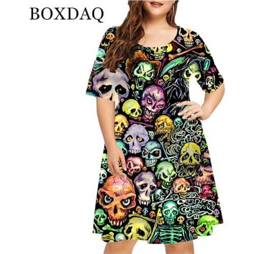 New 2021 Woman Halloween Party Loose Dress Short Sleeve Skull Print Dresses Plus Size Women Clothing 5XL 6XL Female Vestidos