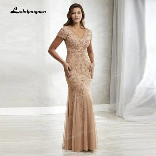 2021 Latest Luxury Shining Beading Mermaid Mother Of The Bride Dresses With Short Sleeves Wedding Guest Gowns Back Out