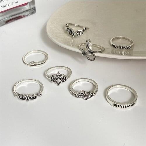 53607 new antique silver carving ring set snake moon 9-piece set overlapping joint ring