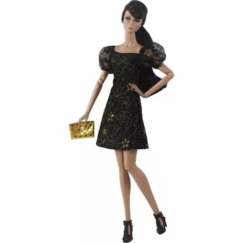 1/6 Charming Black Gold Puff Sleeve Party Gown Little Princess Dress for Barbie Doll Clothes Outfits 11.5" Dolls Accessories Toy