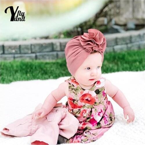 Yundfly Toddler Solid Color Handmade Folded Flowers Indian Hat Soft Comfortable Knitted Cotton Baby Caps Kids Hair Accessories