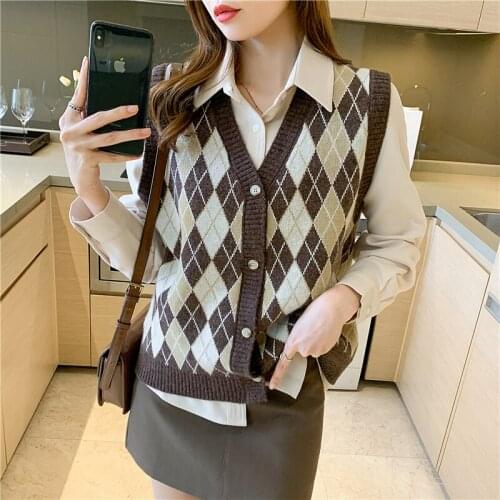 2021 Autumn Winter Fashion Women Simple Leisure Sweater Vest Women Sleeveless V-neck Geometric Print Vintage Blue Clothes