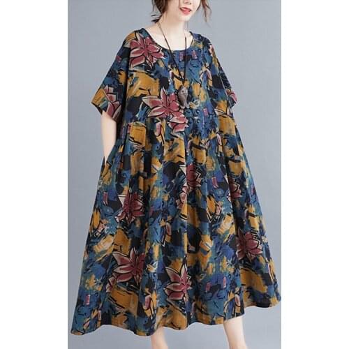 Plus Size 5XL 6XL 100kg Wear Loose Summer Dress Cotton Linen Print Floral Vintage Dress Short Sleeve Women Casual Long Dress
