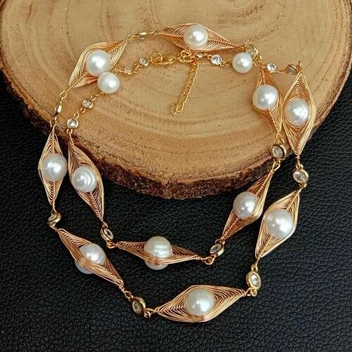 YYGEM 25''Handmade Cultured White freshwater Pearl Yellow Gold color Plated Wrap Necklace for women