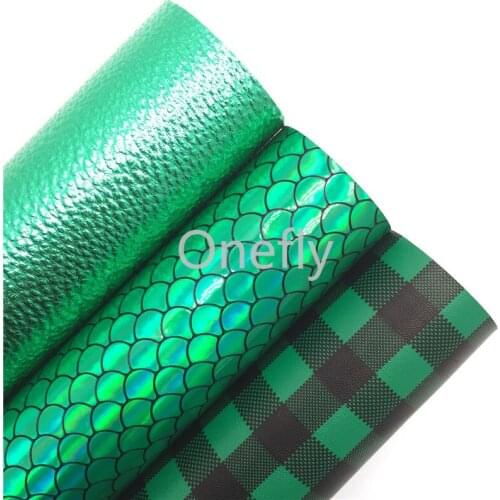 Onefly Green Synthetic leather, Plaids Printed Faux fabric, Litchi Leather Sheets For Bow DIY handbags shoes AQ018