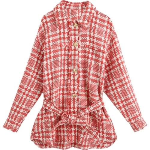 2021 Autumn Women Fashion Sashes Plaid Tweed Jacket Stylish Chic Red Button-up Coats Girls Chic Outerwear Casual Streetwear