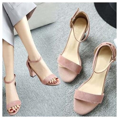 2021 New Thick Heel 7 Cm 5 Cm Sandals Women Summer Wild Large Size High Heel Mid-heel Buckle Sandals Open Toe Flock Pumps Shoes