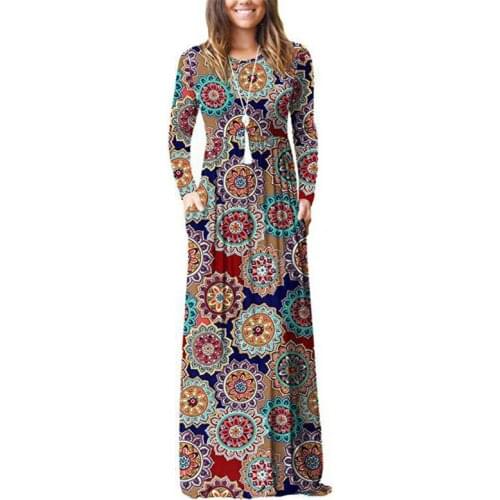 New Floral Print Maxi Dress Women O-neck Beach Long Dresses Pleated Long Sleeve Casual Straight Dress Evening Party Dress
