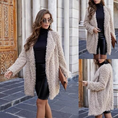 Women Fuzzy Fluffy Warm Coat Open Front Jacket Plush Lapel Collar Winter Long Sleeve Cropped Coat Outerwear