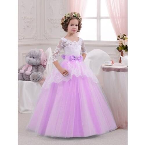 2018 Romantic Royal Puffy Lace Flower Girl Dress for Weddings Half Sleeve Ball Gown Girl Party Pageant First Communion Dress