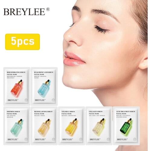 BREYLEE 5pcs Face Mask Set Vitamin C Whitening Hyaluronic Acid Moisturizing Mask Minimize Pores Fade Fine Relieves dryness Skin