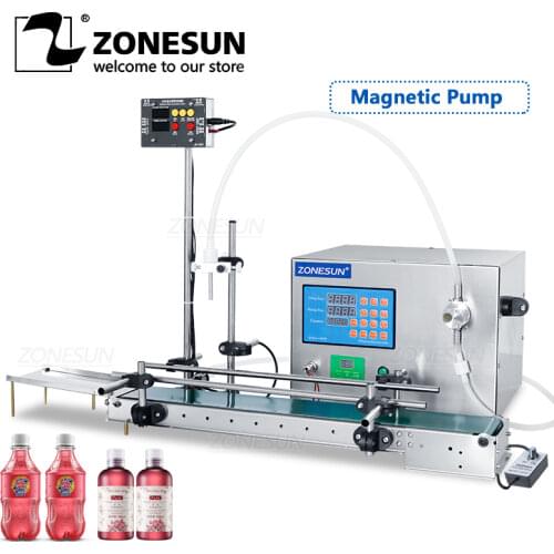 ZONESUN Automatic Magnetic Pump Digital Control Liquid Filling Machine With 1200mm Conveyor Belt Water Juice Milk Bottle Filler
